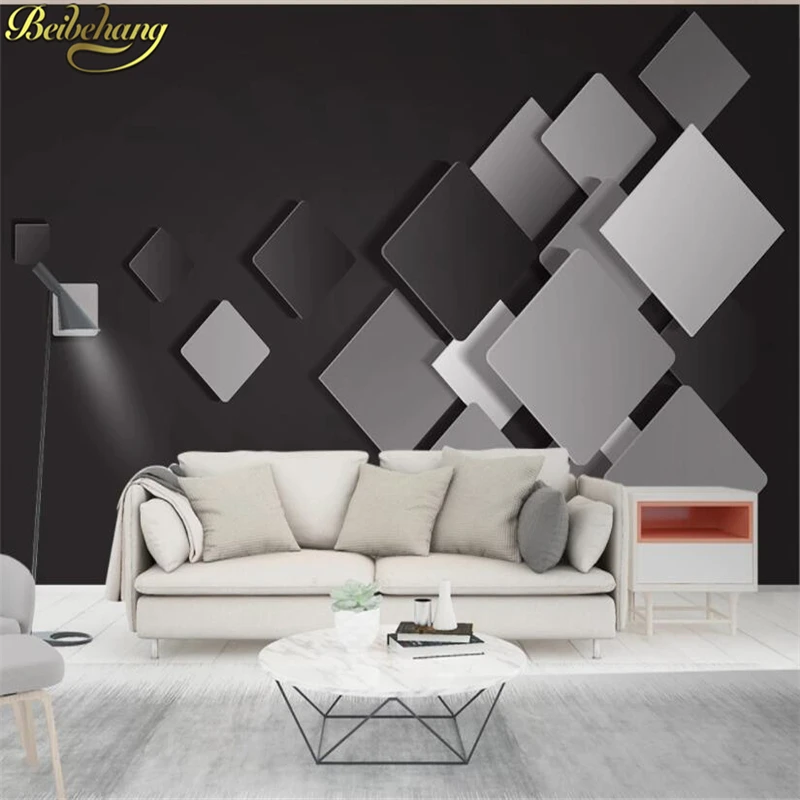 beibehang 3D Geometric squares nordic technology sense wallpaper TV background gray Photo Wall Painting Living Room Hotel Luxury