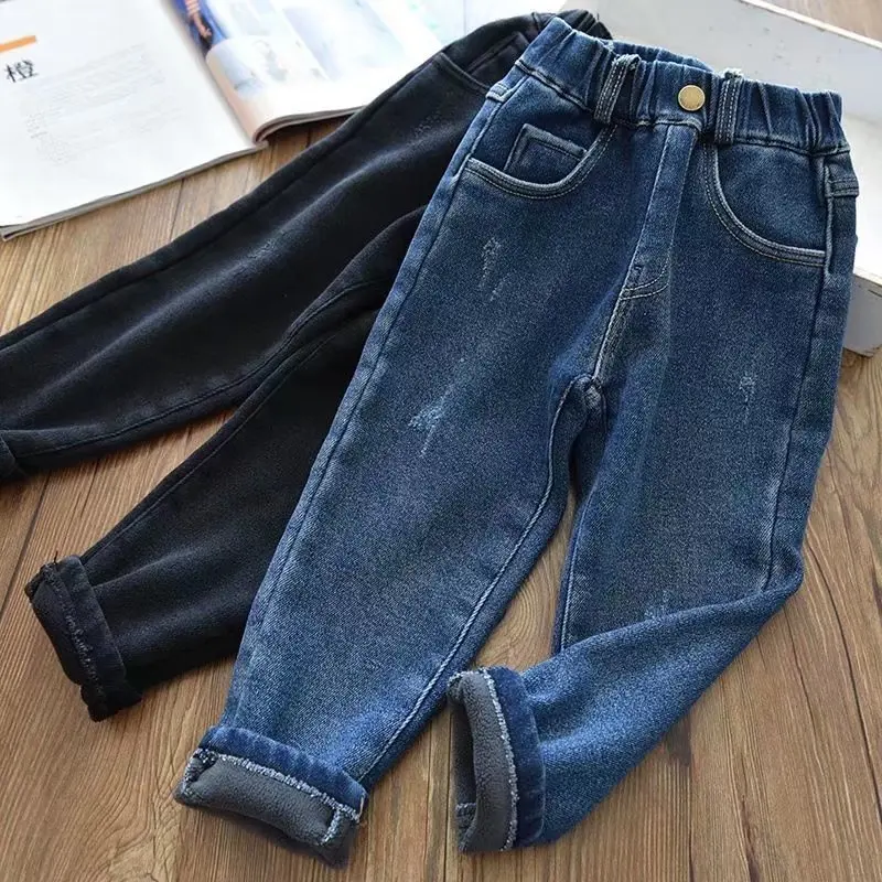 Winter Girls boys Jeans Thickened Warm Solid Color Outerwear 2021 New Children Jeans Denim Pants12M-6T