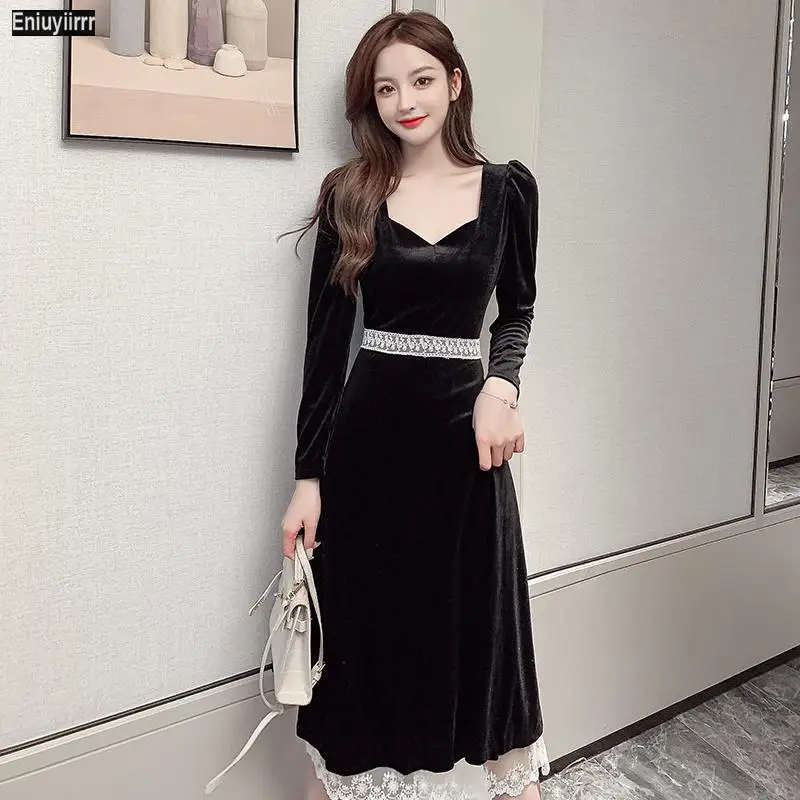 

Women 2021 New Year Winter Spring Patchwork Sexy Sheer Mesh French Black Long Elegant Party Velvet Dress 0295