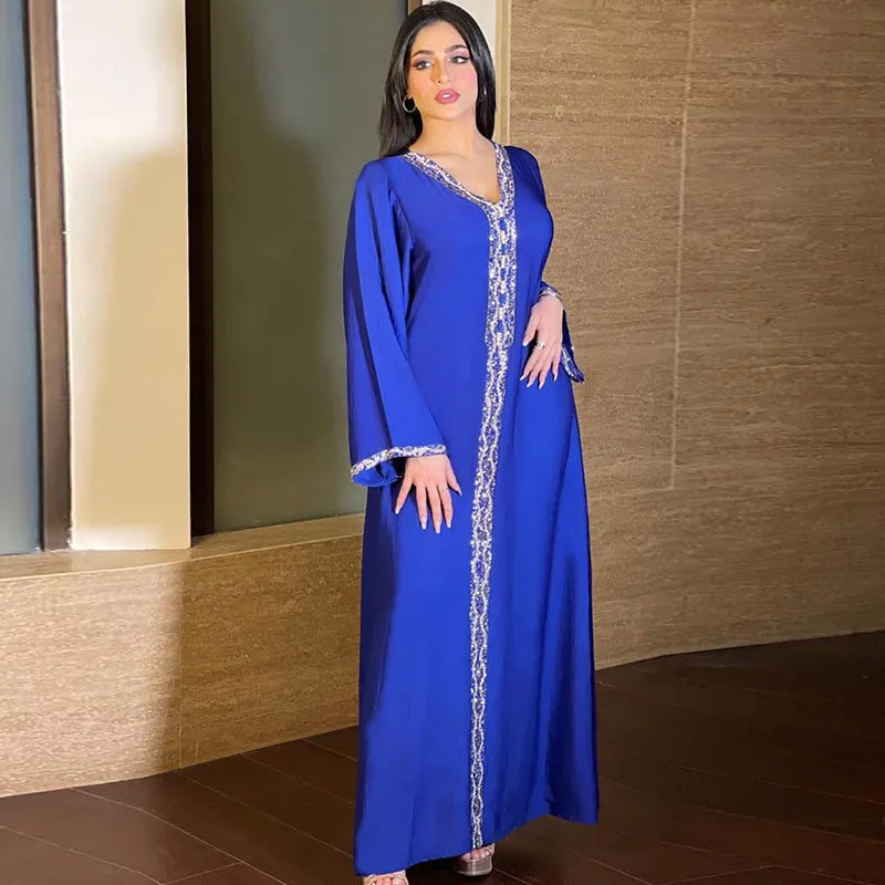 Imagem -06 - Dubai Abaya para Mulheres Fita de Diamantes Kaftan com Decote em v Robe Marroquino Vestidos de Noite Ramadan Vestido Turco Muçulmano Fino Novo 2024