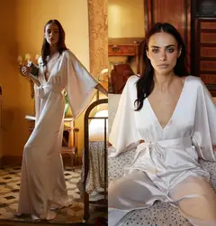 Ivory Bridal Bathrobe Jumpsuit Women Silk Satin Full Length Night Robe Women Sleepwear Loose Nightgown Robes Homedress