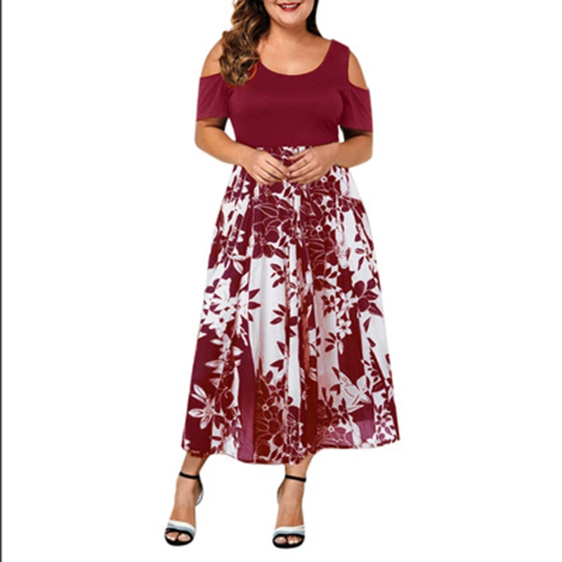 Women's Round Neck Off Shoulder Hollow Short Sleeve Printed Elastic Waist Dress, Summer Fashion, New, Large Size, image 5