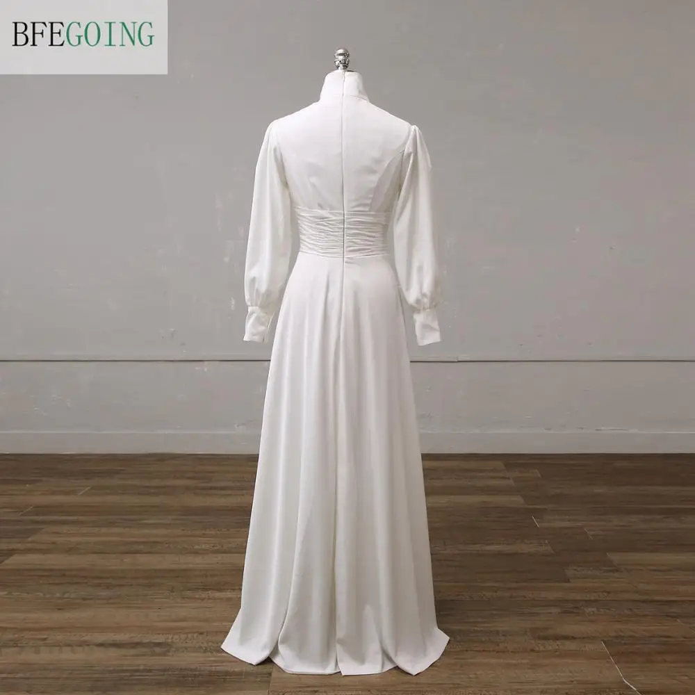 White Long Sleeves High Neck Bridal Gown Floor-Length A-Line Wedding Dress Custom Made