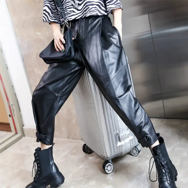 Women\'s Leather Pants, High Waist, Sheepskin Leather Pants, Ankle Length, Casual Loose Harem Pants,Spring Autumn