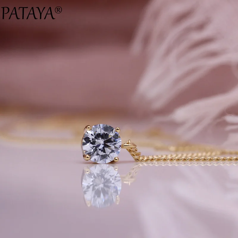 PATAYA New Simple White Round Long Necklaces 585 Rose Gold Color Pendants Women Natural Zircon Cute Engagement Fashion Jewelry