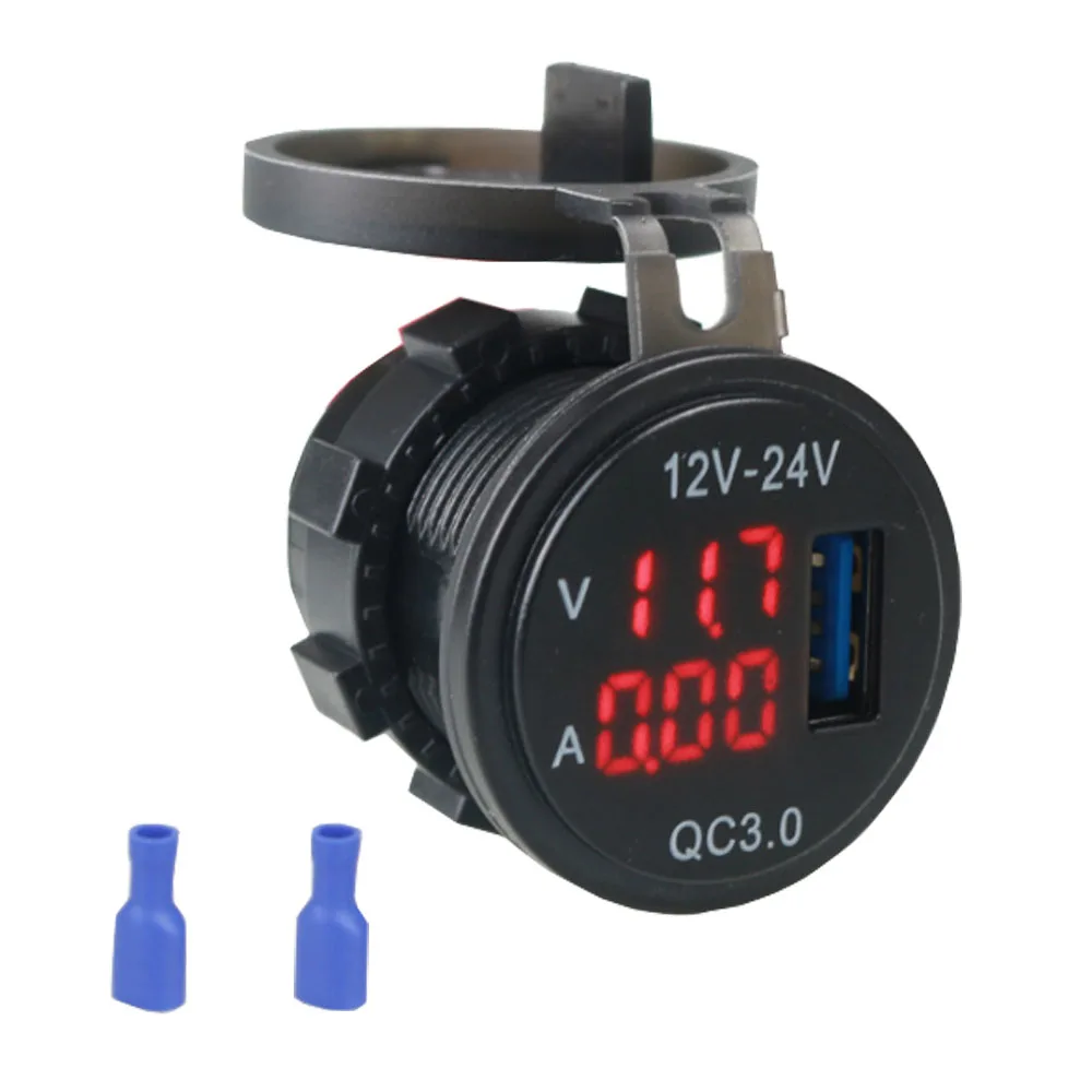 USB Car Charger Socket Dual 3.0 Port Quick Charge 12V/24V Car Adaptor with LED Digital Voltmeter Touch Switch for Marine Boat