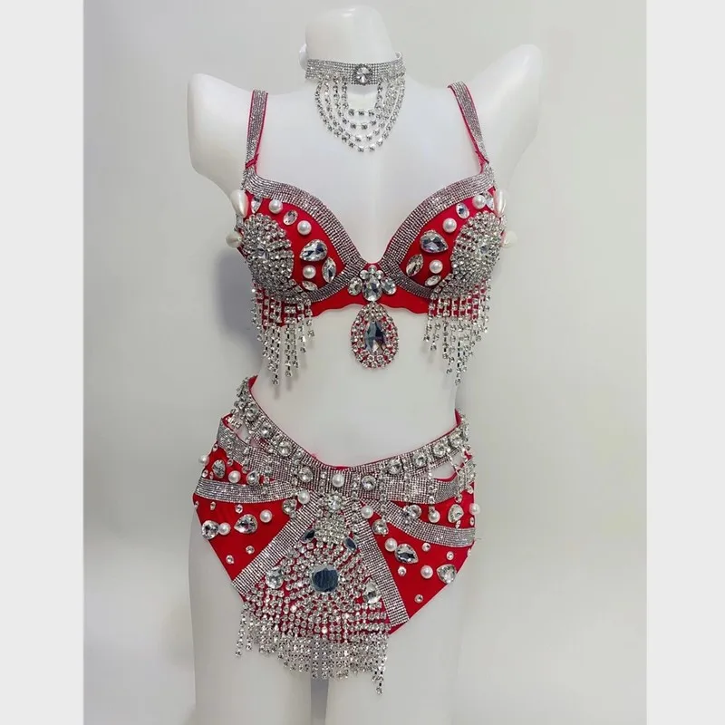 Sexy Rhinestone Fringe pearl Bra Short Women Dancer DS Bar Bikini Stage Wear Prom Evening Show Outfit Set