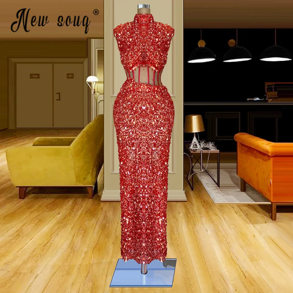 Afrikaanse Sparkly Pailletten Rood Lange Prom Avondjurk 2021 Robe De Soiree Voor Vrouwen Kristallen Kralen Avondjurken Robe De Mariee custom