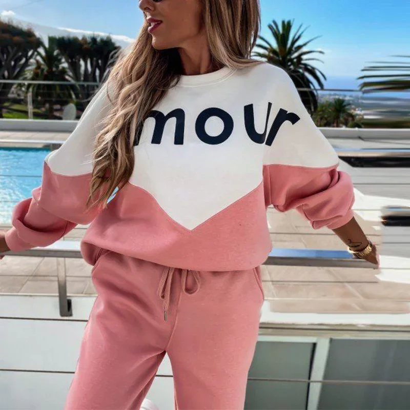 Fall Winter New Knitted Tracksuit Women Sportswear Panelled Letter 2 Piece Set Casual Pullover Sweater Pants Set Loungewear Suit