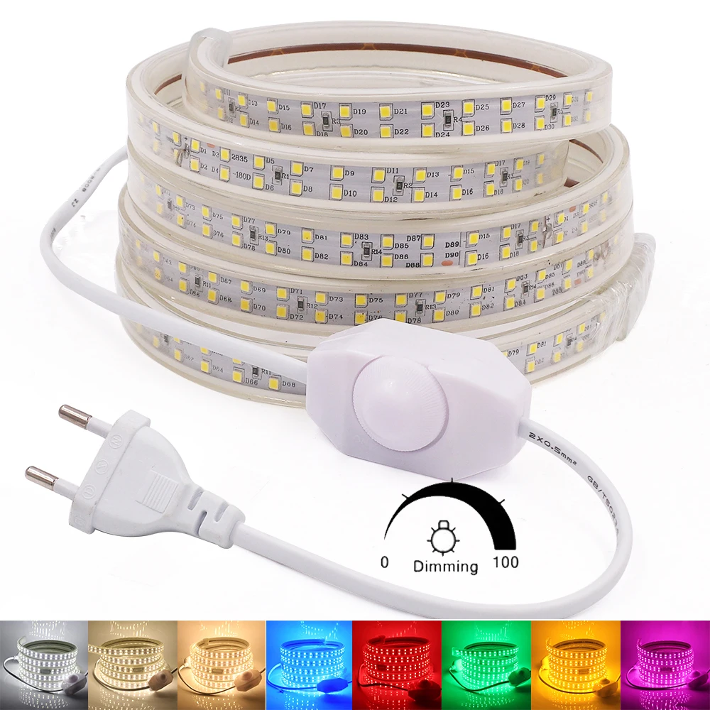 220V LED Strip Dimmerable IP67 Waterproof High Brightness Flexible LED Light Blue Pink Red Green White 2835 LED Strip Light