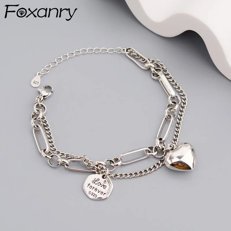 FOXANRY Silver Color Bracelets for Women Trendy Elegant Creative Double Layer Chain LOVE Heart Party Jewelry Lover Gifts