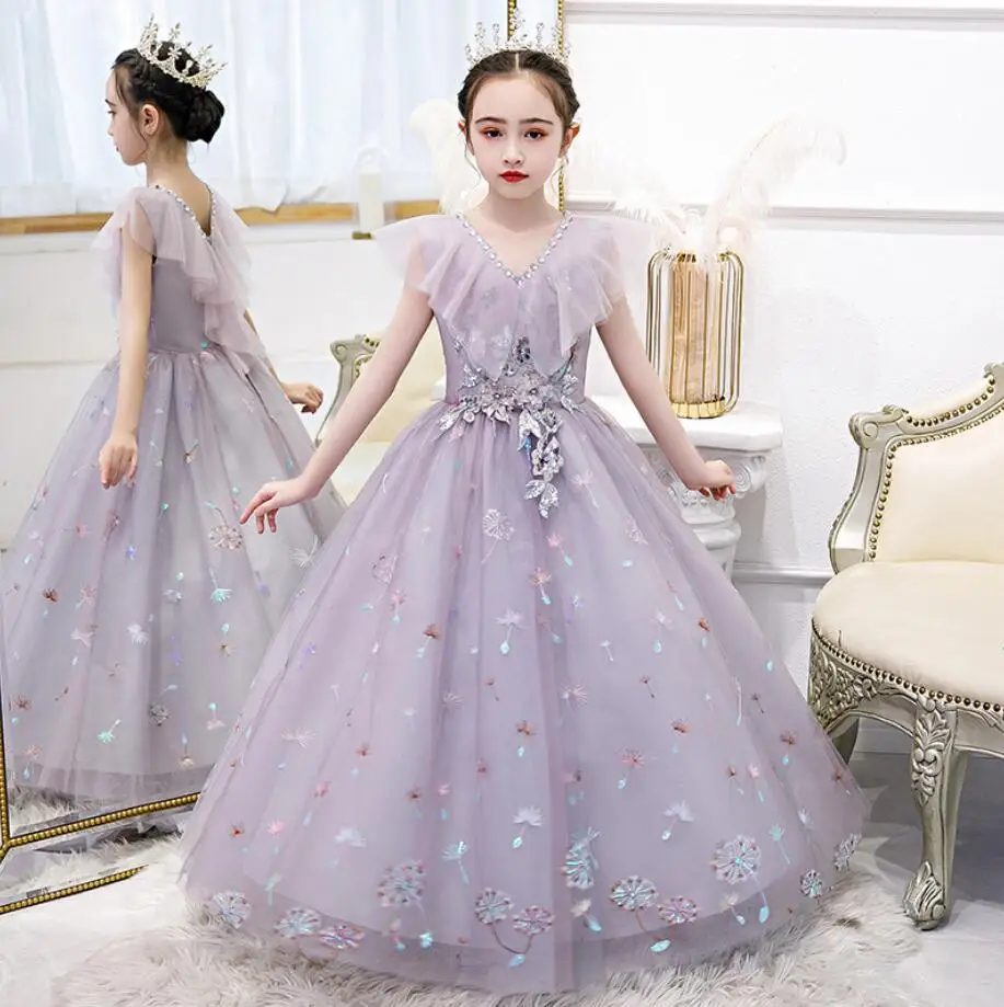 Violet Tulle Princess Dress for Girl Wedding Party Ball Gown Sequin Lace Long Prom Dress Toddler Kids Formal Birthday Vestidos