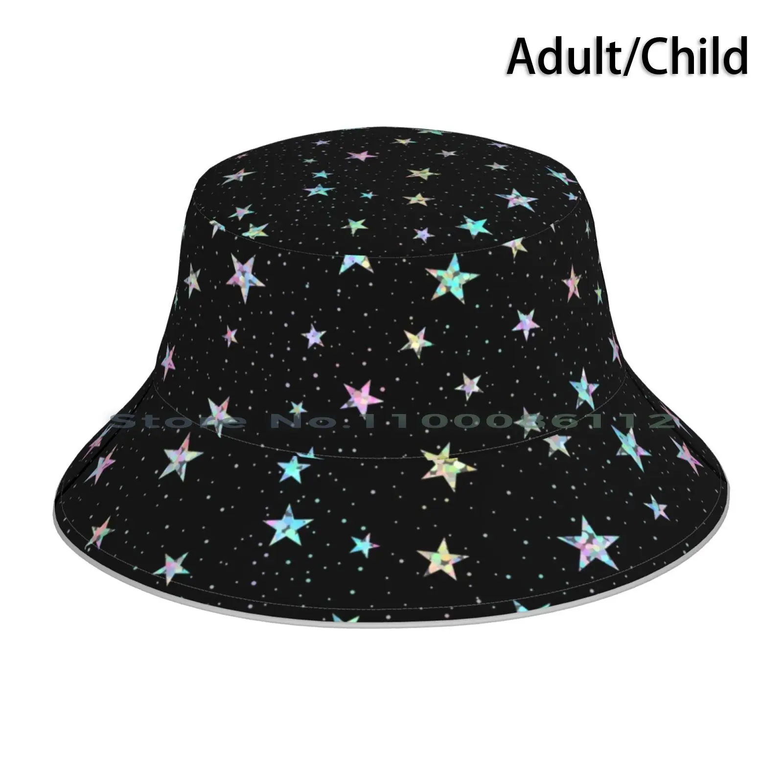 Rainbow Holographic Iridescent Star Confetti Glitter Pattern ( Black ) Bucket Hat Sun Cap Holographic Glitter Iridescent Stars