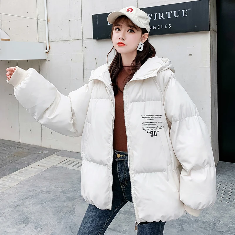 Dames Jassen Winter Jacket Women Hood Warm Short Casual Coat Harajuku Youthful Cartoon Printing Loose Bread Cotton Parka