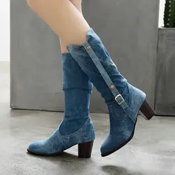 Cowboy boots women thick-heeled high-heeled cowboy boots with belt buckle was thinner long-tube women's boots autumn and winter