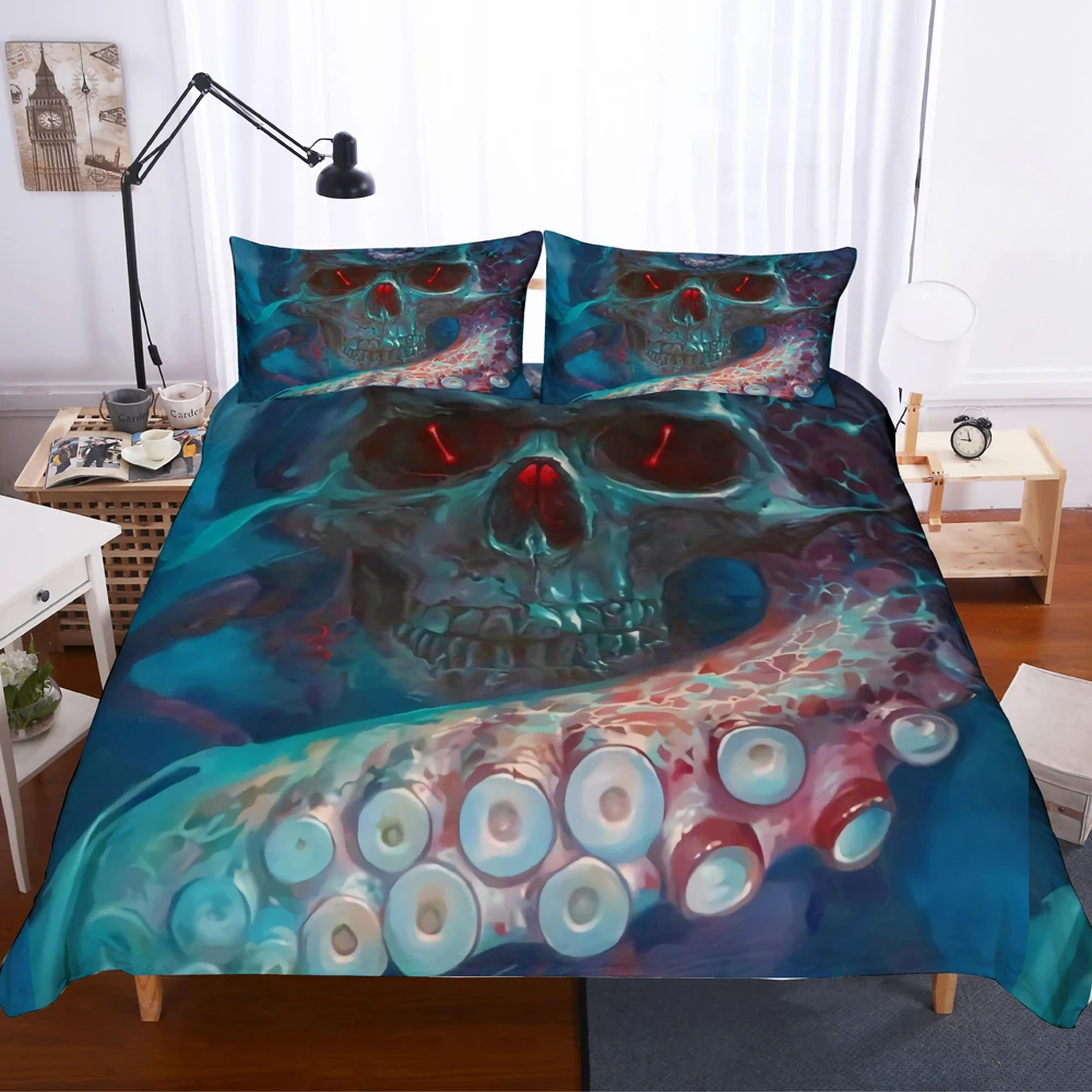 3D Digital Skull with Octopus Pattern Duvet Cover with Pillow Cover Bedding Set All Size Dark Octopus Bed Set for Bedroom Decor