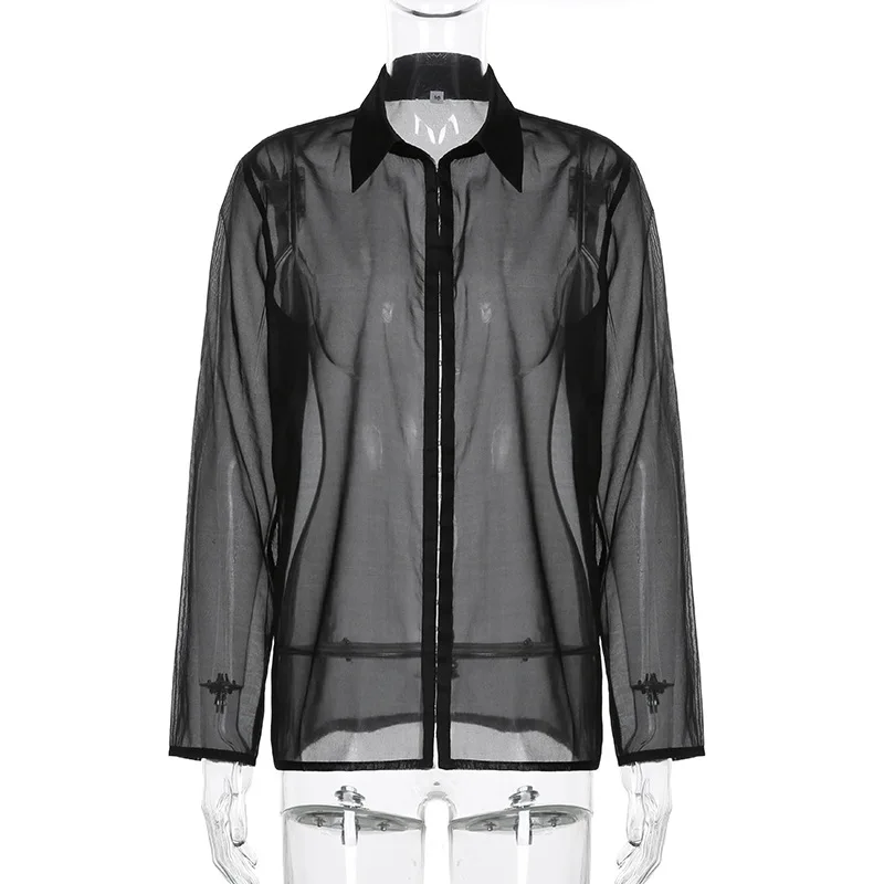Ladies Sexy Solid Color Mesh Single-breasted Lapel See-through Long-sleeved Shirt Female 2022 Spring New T-shirt Women Shirts