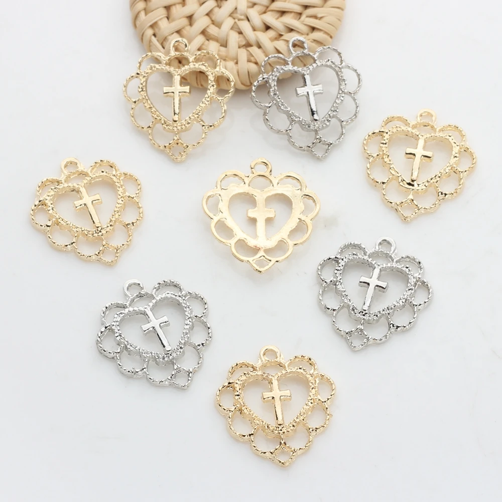 20mm 10pcs/lot Zinc Alloy  Hollow Sweet Heart Cross Religious Lace Charms For DIY Jewelry Making Earrings Accessories - Image 4