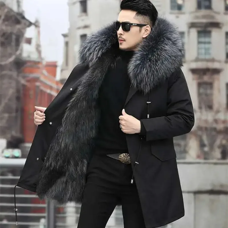 Men Parka 2022 Winter NEW Raccoon Fur Coat Man Parkas Natural Fox Fur Collar Hooded Jacket Mid-length Outerwear Plus Size M-5XL