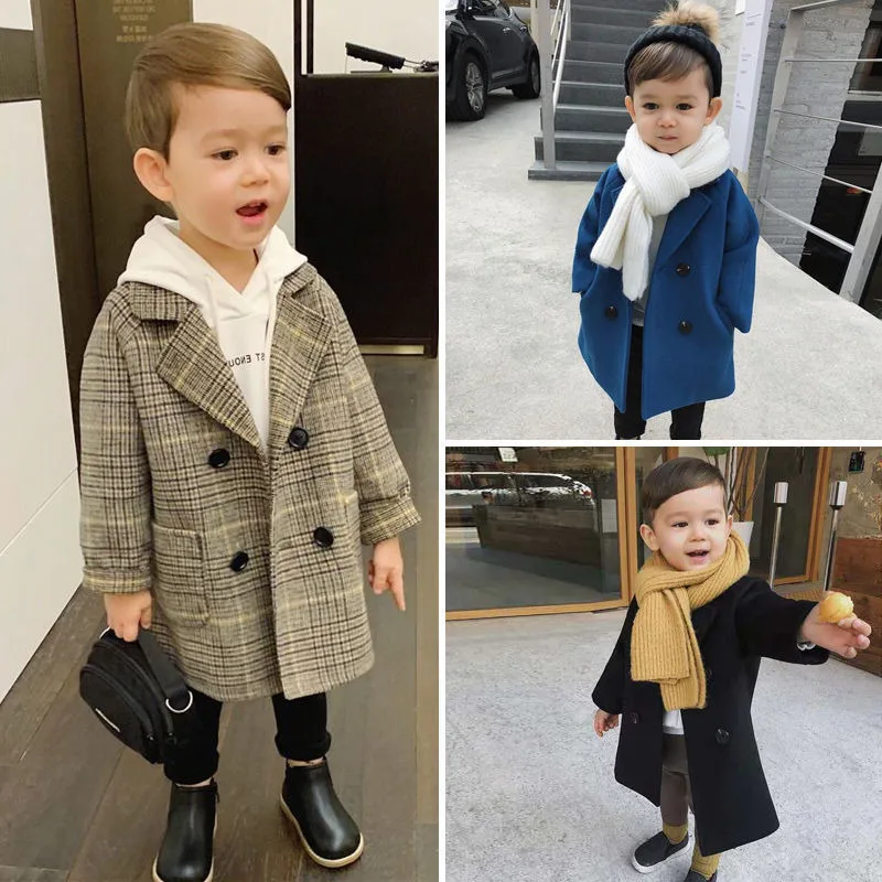 Winter Overcoat Grid Jackets Boys Girls Woolen Double-breasted Baby Boy Trench Coat Lapel Kids Outerwear Coats 2 3 4 5 6 7 Years