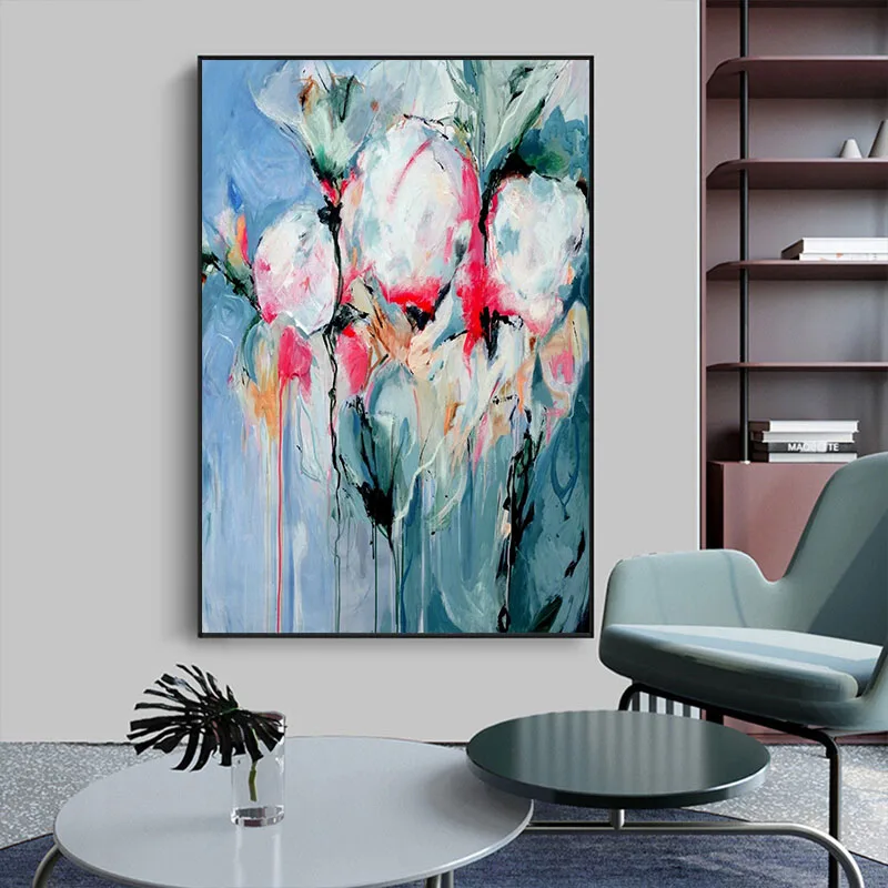 100% Hand-painted Blue Tulip modern Art Picture For Living Room Decoration Large Size Tableaux