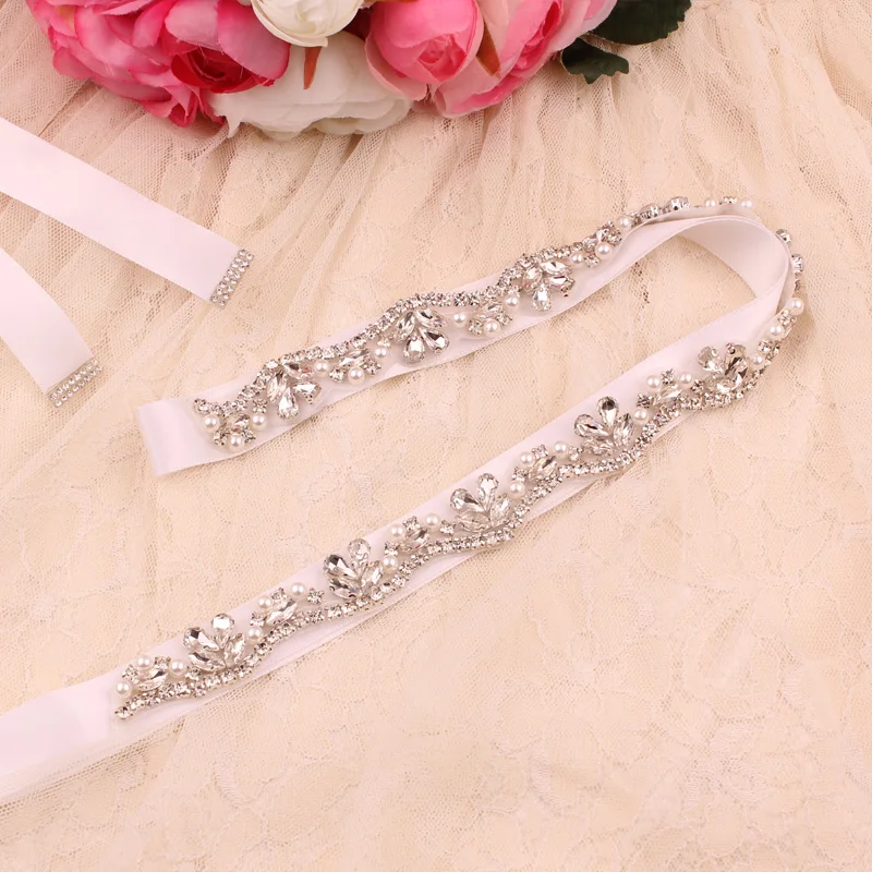 Bridal Belts Bling Wedding Women Handmade Jewelry Silver Rhinestone Pearl Crystal Sparkly Party Formal Dress Diamond Bride Sash