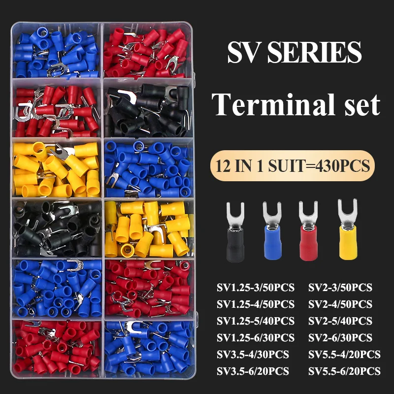 430PCS SV Crimp Terminal Spade Fork Connector Cold Pressed Terminal SV3.5-4 Fork Type SV1.25-3U/Y Copper Core Lug Pre Insulated