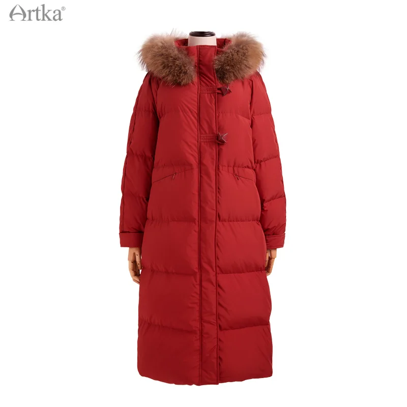 ARTKA 2021 Winter New Women Down Coat Elegant Long Warm 90% White Duck Down Coat Raccoon Fur Collar Hooded Down Jacket YK20013D