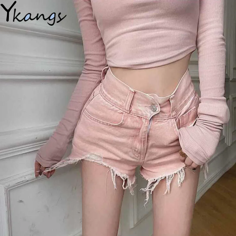 

Pink Denim Ripped Shorts Summer New Style Distressed Breathable Women's Wide-leg Shorts Korean Casual Ladies High Waist Shorts