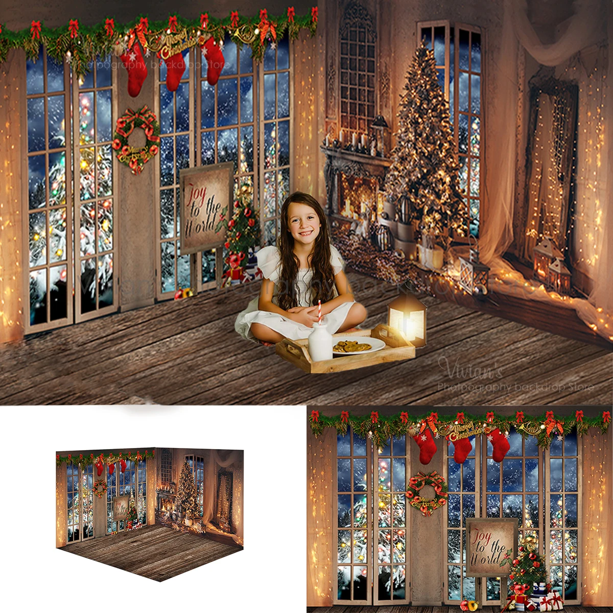 

Christmas Photograpgy Room backdrop Child Family Portrait Kids Baby Photostudio Fireplace Decor Window Wood Floor Background