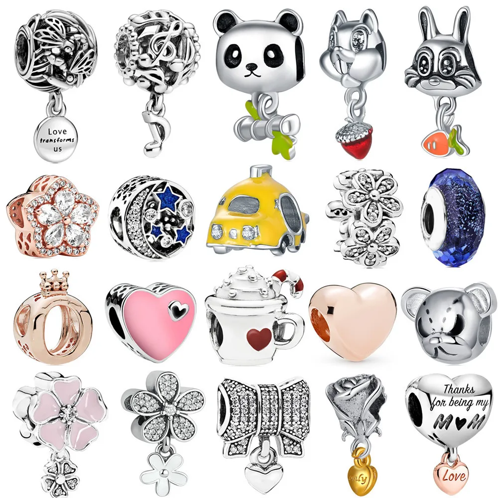 2021 Cute Cartoon Panda Rabbit Car Flower Bead Pendant Suitable Original Pandora Charm Bracelet Necklace DIY Ladies Jewelry Gift