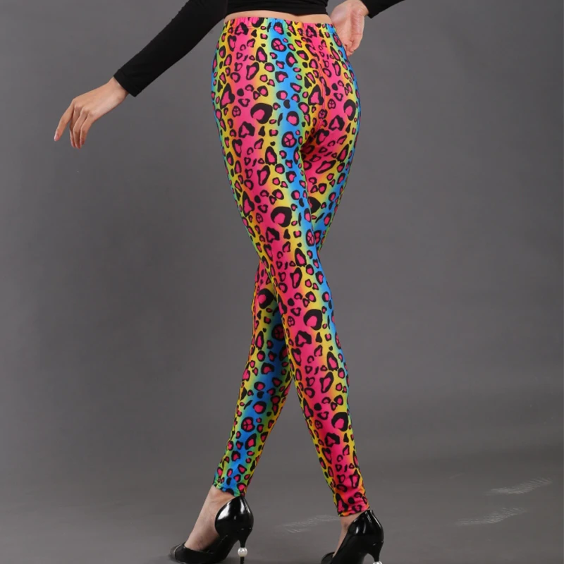 Fashion Personality Women\'s Leggings Spandex Rainbow Gradient Colourful Leopard Print Thin Elasticity High Waist Pants