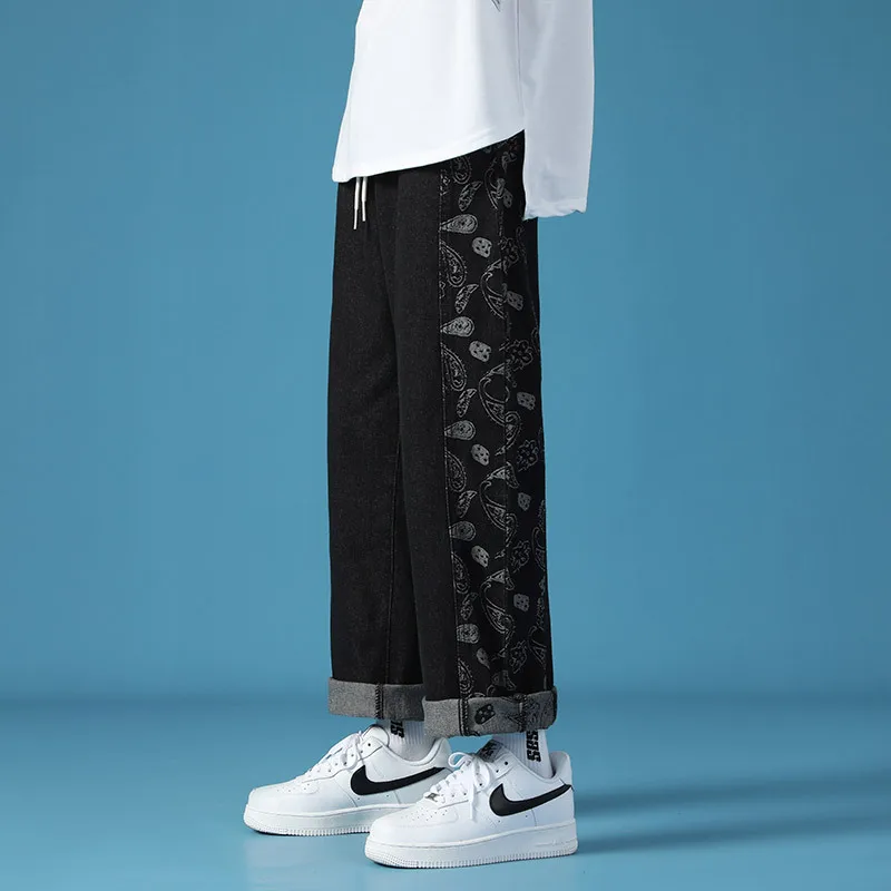 ICCLEK Cashew Flower Jeans Men's Fall Loose Casual Pants Retro Straight Pants Black Jeans Men  Painted Jeans