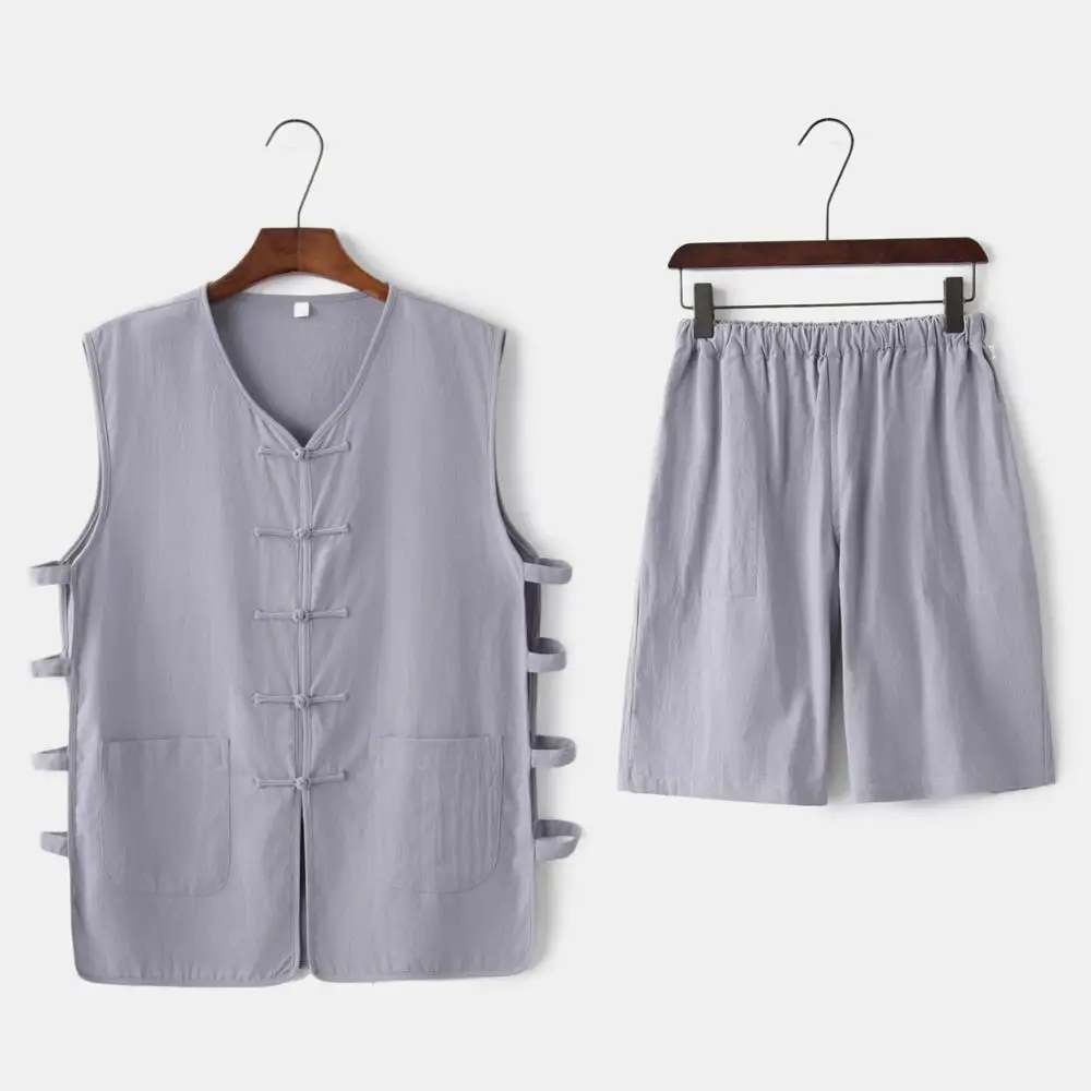 Tang Suit Male Chinese Cotton Linen Short Sleeve Sleeveless Vest Undershirt Shorts Suit Middle-Aged Hanfu Thin Summer Men Wear