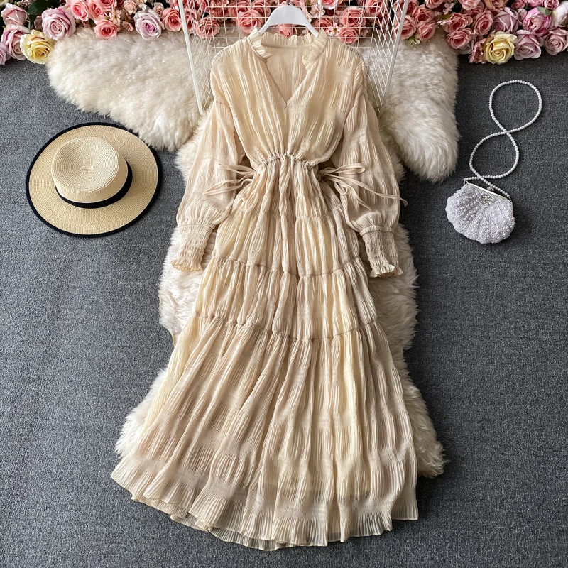 

Women's spring summer runway fashion v neck loose dress female long sleeve chic travel beach chiffon dress TB1439