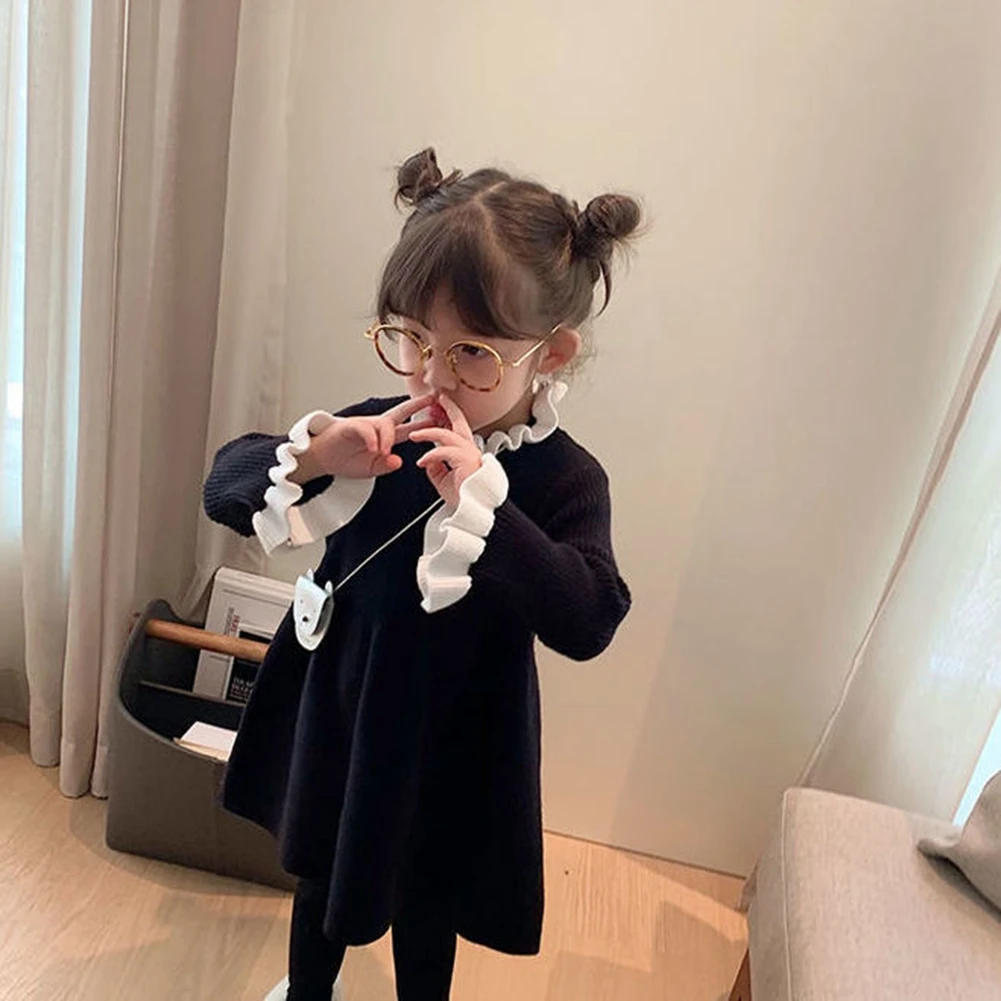 Toddler Baby Girl Winter Autunm Dresses Kids Lace Collar Knit Long Sleeve Princess Dress 2-11Years Children Fall Cothes 6 8 10 9