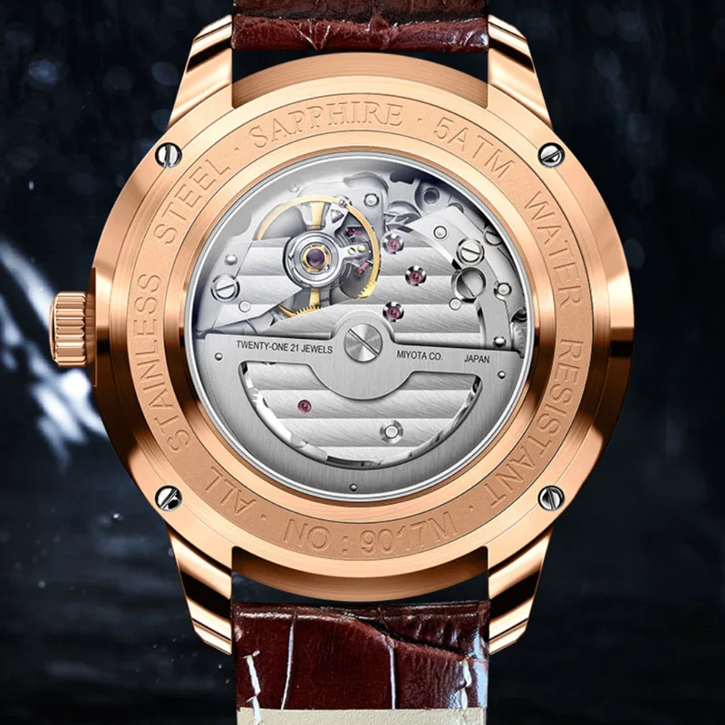 LOBINNI العلامة التجارية الفاخرة الرجال فستان ساعة الياقوت الزجاج مقاوم للماء الساعات التلقائي ساعة ميكانيكية ميوتا حركة على مدار الساعة