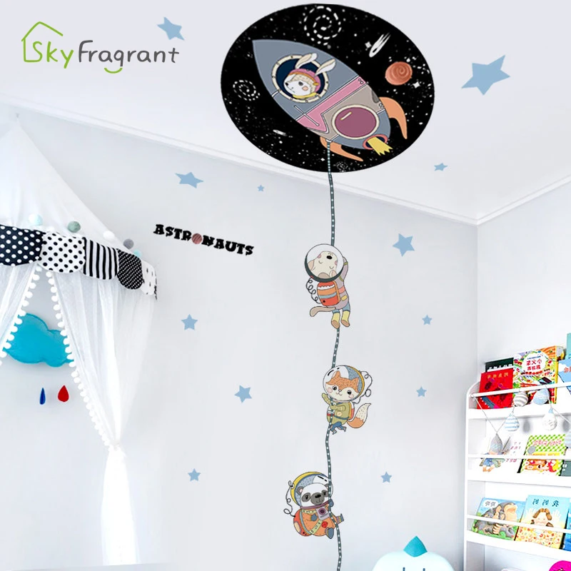 

Cartoon Rocket Animals Astronaut Wall Sticker Self-adhesive Bedroom Wall Decor Kids Room Decoration Home Stickers Door Sticker