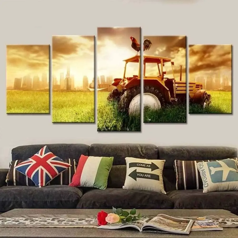 

5 Pieces Roaster Tractor Sunset View Modular Cuadros Paintings Wall Art Framework Home Decor Canvas Pictures Posters Decoration