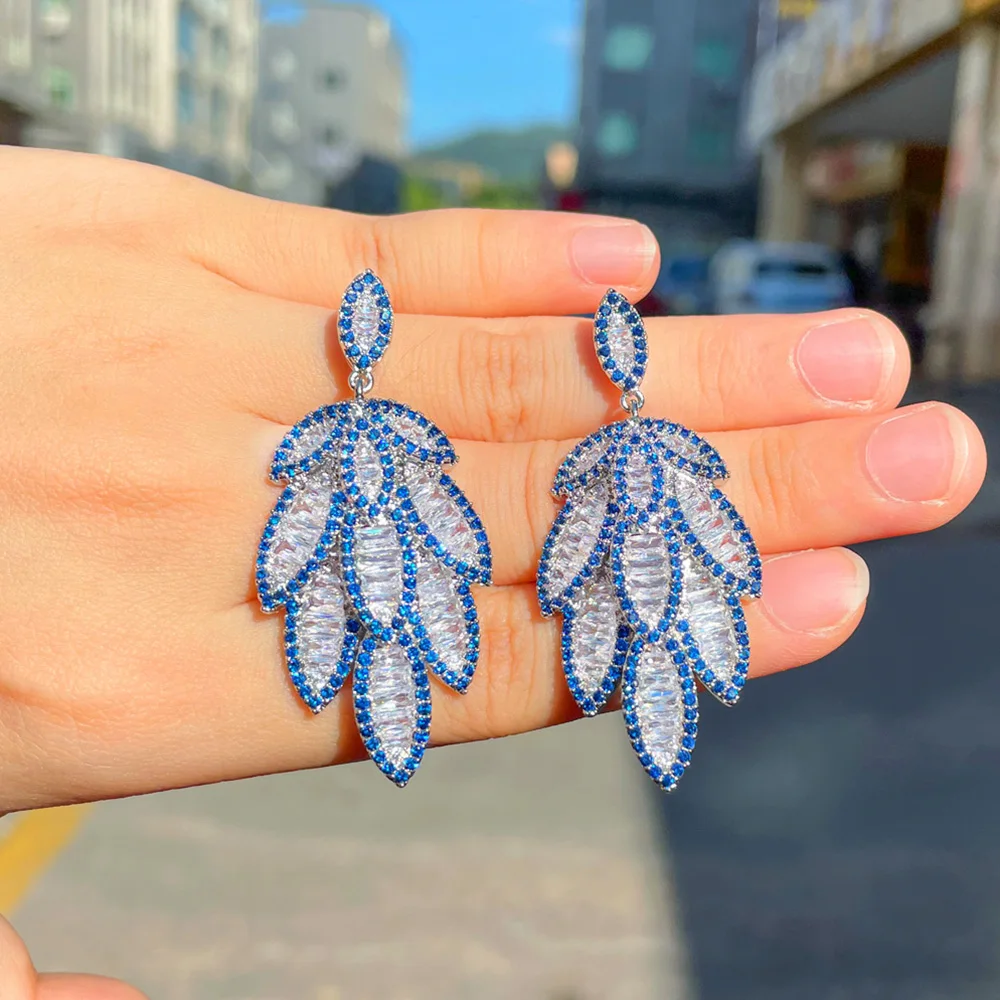 Pera Elegant Blue White CZ Crystal Long  Dangle Leaf Drop Earrings for Women Halloween Party Jewelry Gift Pendientes Mujer E825