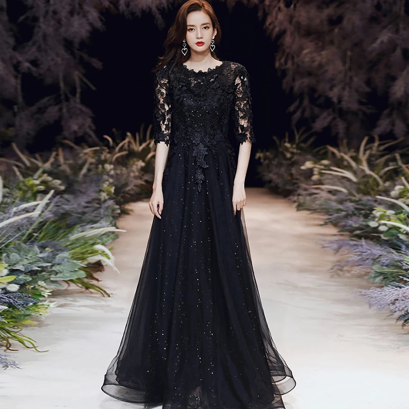 

Evening Dress O-Neck Flowers Embroidery Half Sleeves Sequins Floor-Length Elegant A-Line Black Woman Formal Party Gowns A1618