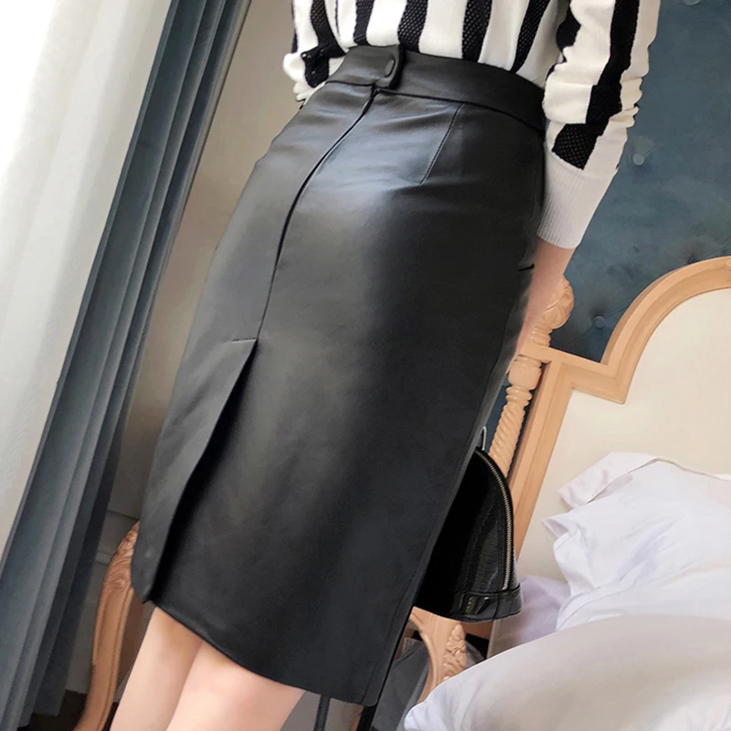 NEW Winter Women Genuine Leather Midi Long Skirt OL Elegant Simple Slim Saia Mujer Green/Black Sexy Wrap Jupe Street Wear Faldas