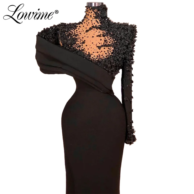 Lowime Black Evening Dresses 2021 Long Sleeve Beaded Flower Party Dress For Weddings Robe De Soirée De Mariage Mermaid Prom Gown