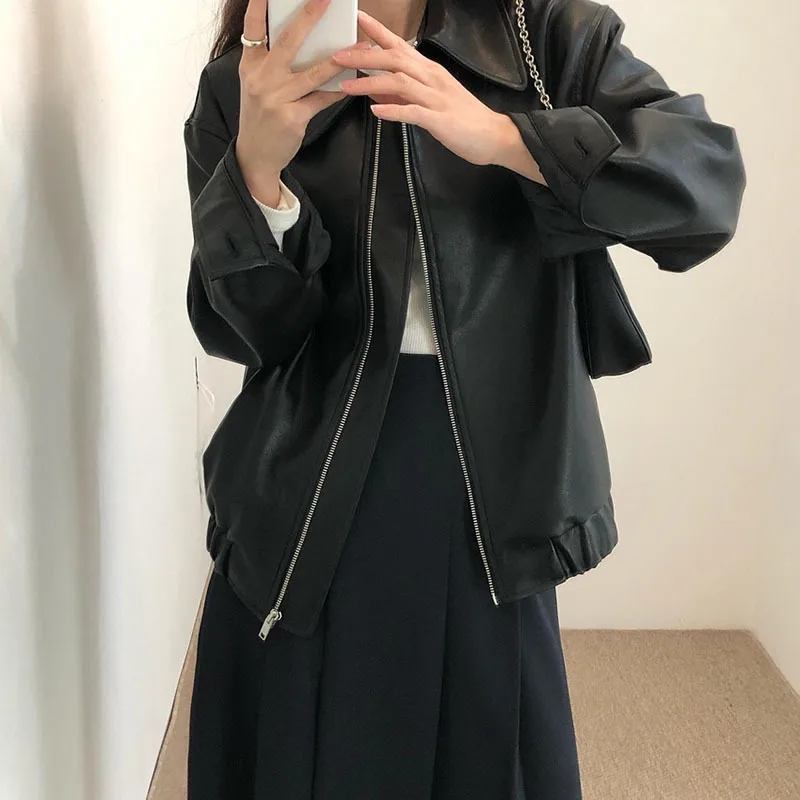 Manteau de motard à manches longues pour femme, veste en Faux cuir noir, à revers coréen, court, ample, décontracté, printemps