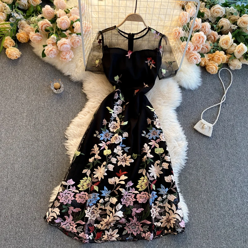 Guilantu Mesh Embroidery Floral Vintage Dresses Women Clothes O Neck Short Sleeve Tulle Office Dress Elegant Evening Party Dress