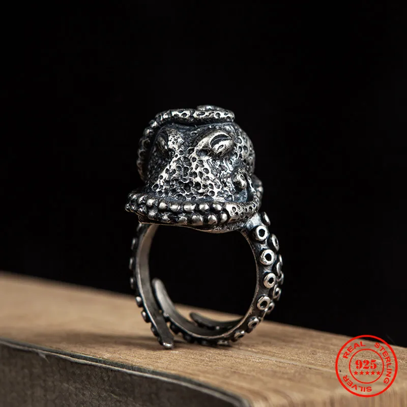 MKENDN Sea Animal Gothic Ring 100% 925 Sterling Silver Octopus Biker Ring For Men and Women Street Hip Hop Punk Dark Jewelry