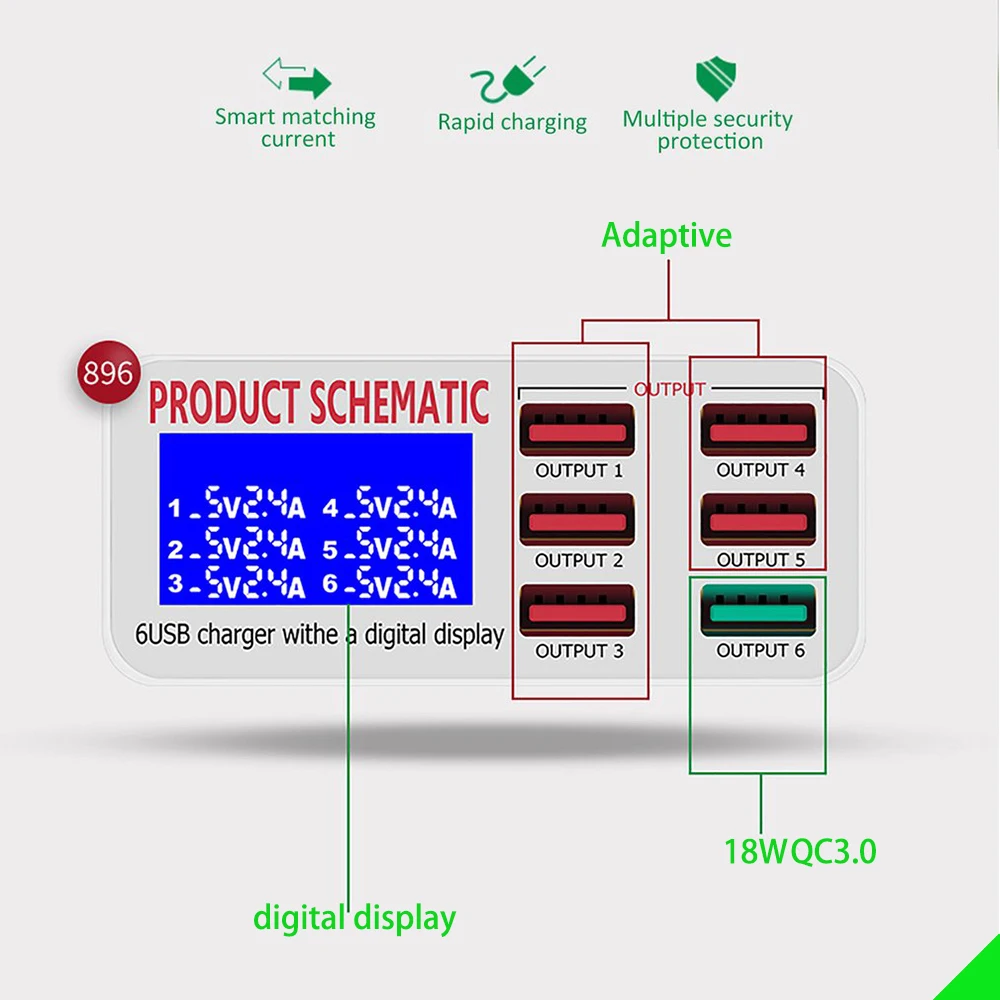 Caricabatterie USB QC3.0 con Display LCD 6 porte caricabatterie da tavolo per cellulare ricarica rapida intelligente per smartphone Tablet PC
