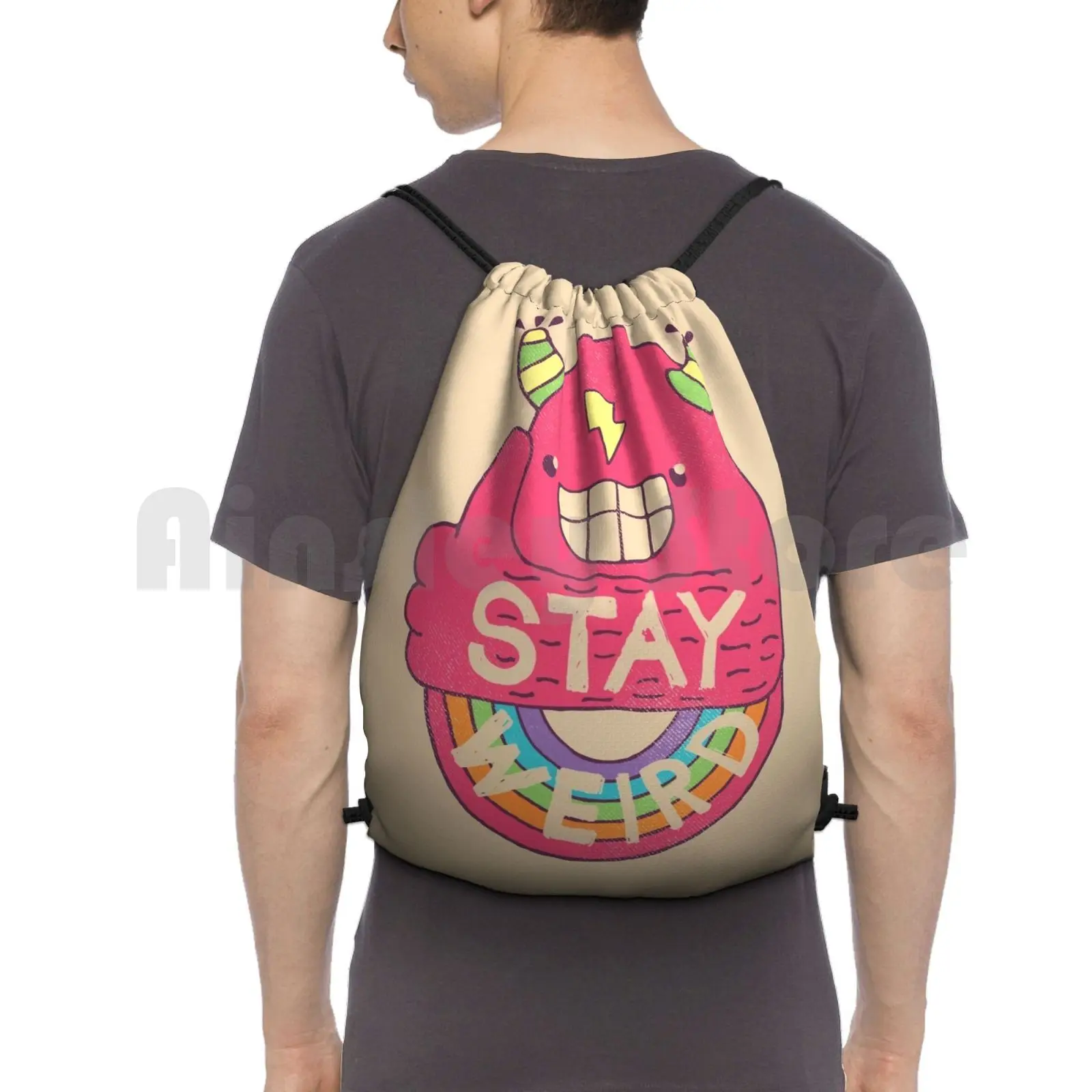 Stay Weird! Backpack Drawstring Bag Riding Climbing Gym Bag Weird Cool Thumbs Up Funny Wtf Rainbow Monster Happy Slogan Type