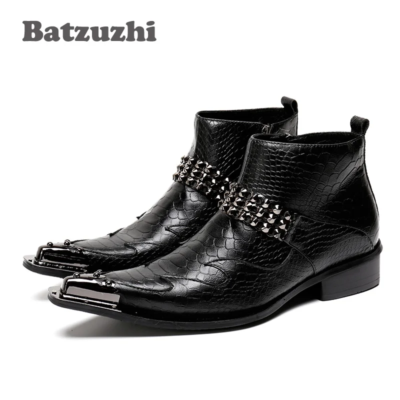 

Batzuzhi Fashion Male Boots Golden Personality Pointed Iron Toe Genuine Leather Men Short Boots Stage Nightclub botas hombre
