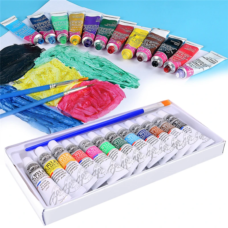 6 ml 12 Color Professional Acrylic Paints Set Hand Painted Wall Paint Tubes Artist Draw Painting Pigment Free Brush